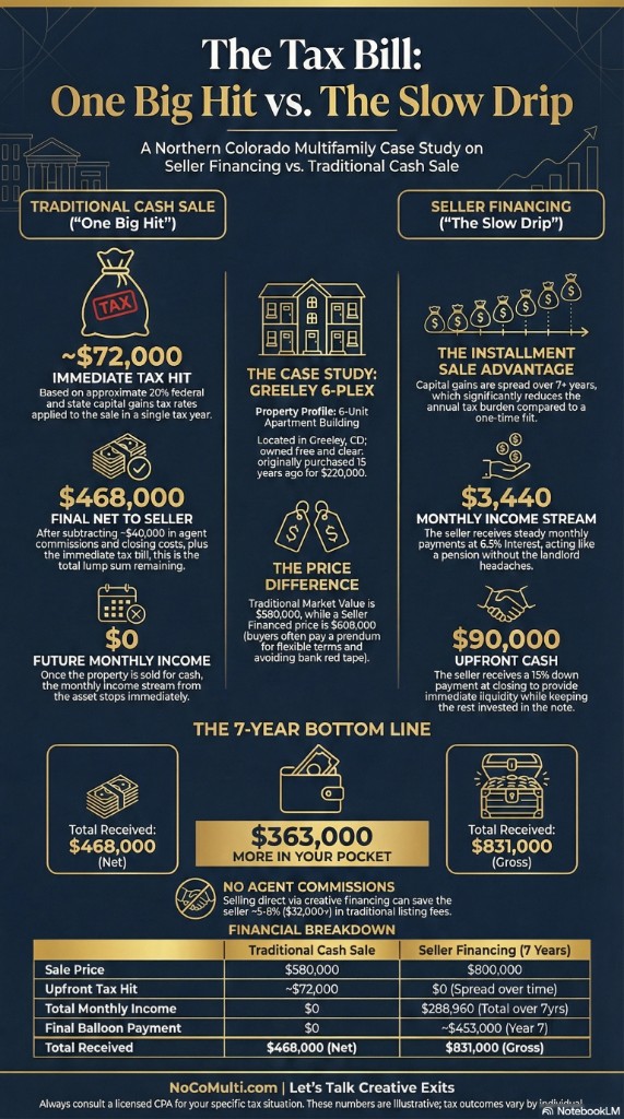 Infographic: Traditional cash sale — immediate tax hit ~$72,000, net to seller $468,000, future monthly income $0. Seller financing — installment sale spreads capital gains over 7+ years, monthly income $3,440, upfront cash $90,000. Case study: Greeley 6-plex. 7-year bottom line: traditional total $468,000 net vs seller financing $831,000 gross. Always consult a CPA for your situation.