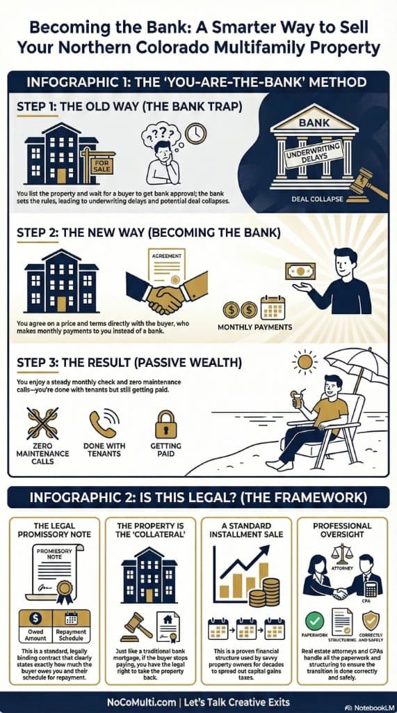 Infographic: The You-Are-The-Bank method. Step 1: The old way — listing and waiting for bank approval leads to underwriting delays and deal collapse. Step 2: The new way — agree on price and terms directly; buyer pays you monthly. Step 3: The result — steady monthly check, zero maintenance calls, done with tenants but still getting paid. Plus the legal framework: promissory note, property as collateral, installment sale, and professional oversight.