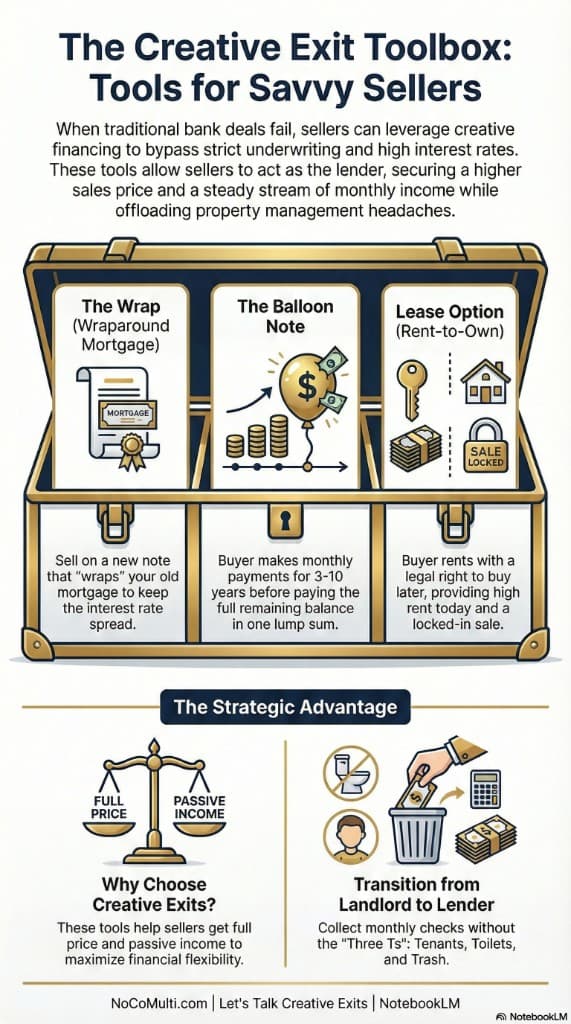Creative Exit Toolbox: The Wrap (wraparound mortgage), Balloon Note (monthly payments then lump sum), Lease Option (rent-to-own). Strategic advantage: full price and passive income; transition from landlord to lender — no tenants, toilets, or trash.