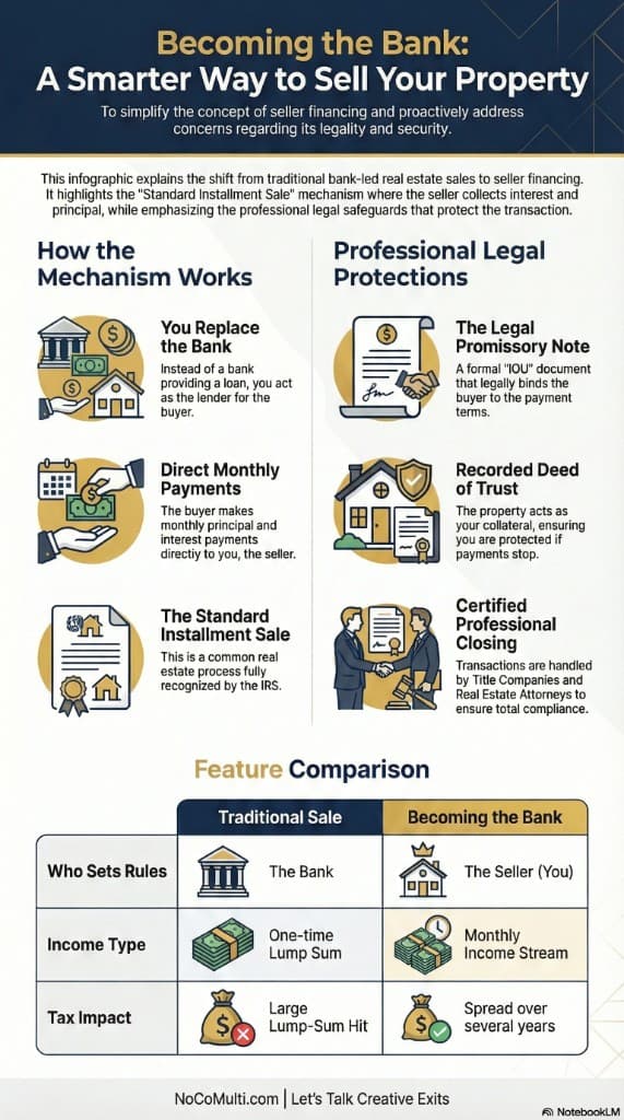 Infographic: How the mechanism works — you replace the bank, buyer makes direct monthly payments, standard installment sale. Professional legal protections: promissory note, recorded deed of trust, certified professional closing. Comparison: traditional sale (bank sets rules, lump sum, large tax hit) vs becoming the bank (you set rules, monthly income stream, tax spread over years).