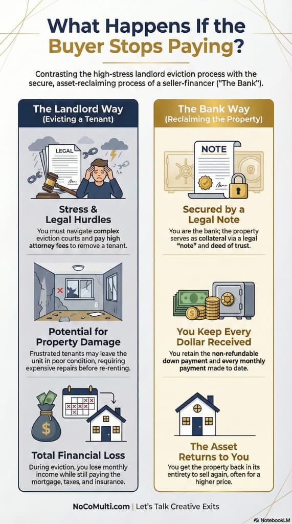Infographic: The Landlord Way (evicting a tenant) — stress and legal hurdles, potential property damage, total financial loss during eviction. The Bank Way (reclaiming the property) — secured by legal note and deed of trust, you keep every dollar received, and the asset returns to you to sell again, often for more.