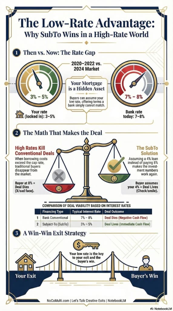 The Low-Rate Advantage: Why SubTo Wins in a High-Rate World. Then vs now rate gap, the math that makes the deal, and your low rate as the key to your exit and the buyer's win.