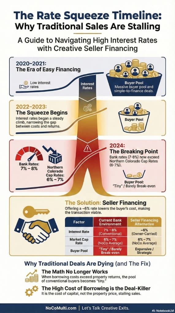 Infographic: 2020-2021 easy financing and massive buyer pool. 2022-2023 the squeeze begins; rates climb, buyer pool shrinks. 2024 breaking point: bank rates 7-8% vs Northern Colorado cap rates 6-7%, tiny buyer pool. Solution: seller financing at ~6% makes the transaction viable; comparison table shows expansive buyer pool and strategic advantage.
