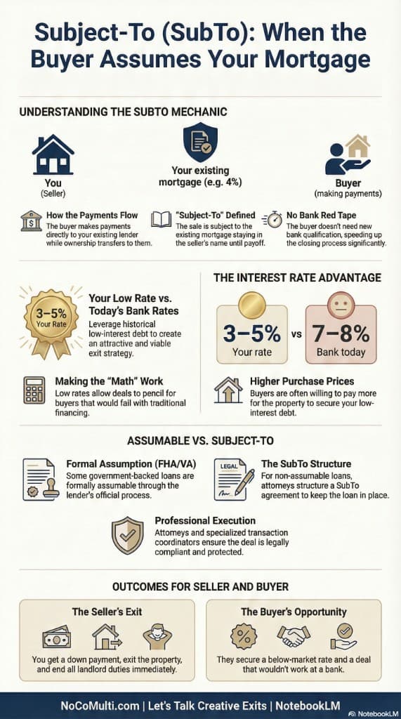 Subject-To (SubTo): When the Buyer Assumes Your Mortgage. Understanding the SubTo mechanic, interest rate advantage, assumable vs subject-to, and outcomes for seller and buyer.