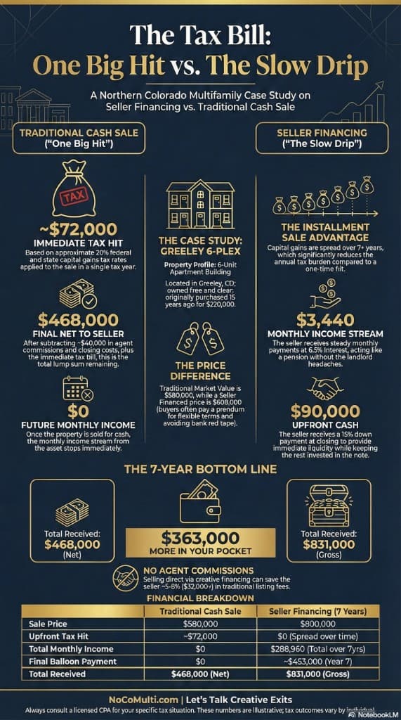 Infographic: Traditional cash sale — immediate tax hit ~$72,000, net to seller $468,000, future monthly income $0. Seller financing — installment sale spreads capital gains over 7+ years, monthly income $3,440, upfront cash $90,000. Case study: Greeley 6-plex. 7-year bottom line: traditional total $468,000 net vs seller financing $831,000 gross. Always consult a CPA for your situation.