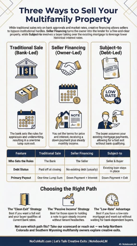 Three ways to sell multifamily: Traditional Sale (bank-led, lump sum), Seller Financing (owner-led, down payment plus monthly income), Subject-to (debt-led, buyer assumes mortgage). Feature comparison and choosing the right path: Clean Exit, Passive Income, or Low-Rate Advantage.