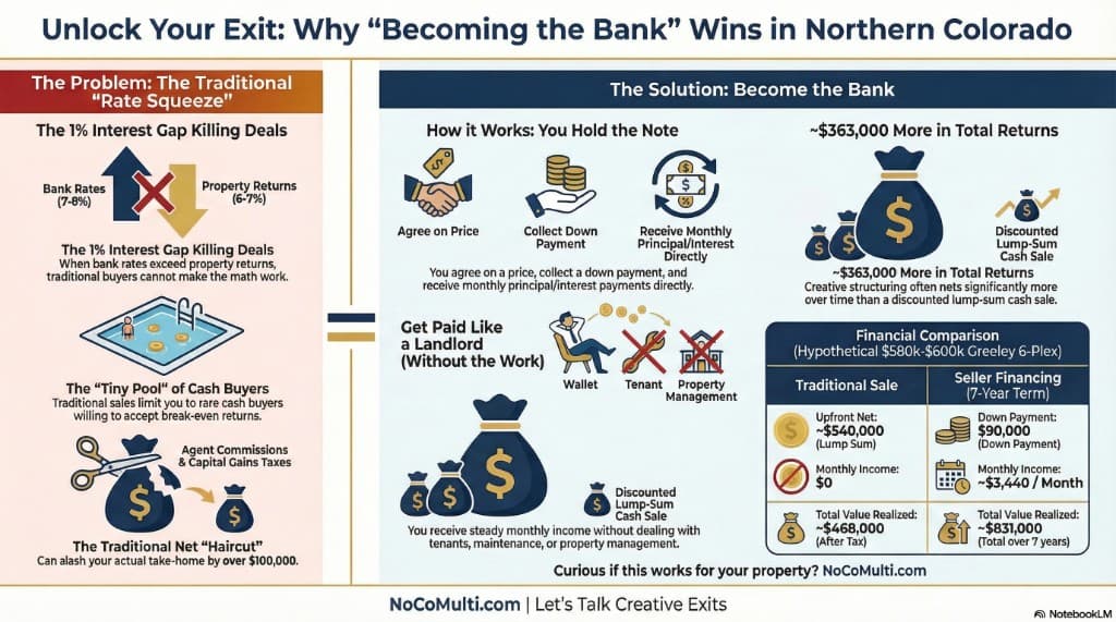 Infographic: Unlock Your Exit - Why Becoming the Bank Wins in Northern Colorado. Compares traditional sale challenges (interest gap, small cash buyer pool, commissions and taxes) with seller financing benefits (hold the note, monthly income, higher total returns).