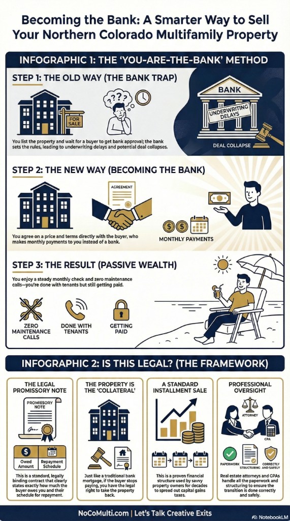 Infographic: The You-Are-The-Bank method. Step 1: The old way — listing and waiting for bank approval leads to underwriting delays and deal collapse. Step 2: The new way — agree on price and terms directly; buyer pays you monthly. Step 3: The result — steady monthly check, zero maintenance calls, done with tenants but still getting paid. Plus the legal framework: promissory note, property as collateral, installment sale, and professional oversight.