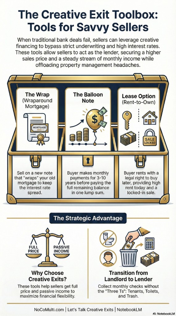 Creative Exit Toolbox: The Wrap (wraparound mortgage), Balloon Note (monthly payments then lump sum), Lease Option (rent-to-own). Strategic advantage: full price and passive income; transition from landlord to lender — no tenants, toilets, or trash.