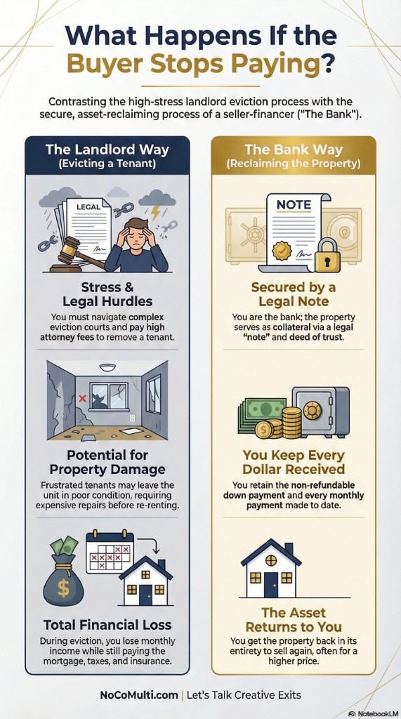 Infographic: The Landlord Way (evicting a tenant) — stress and legal hurdles, potential property damage, total financial loss during eviction. The Bank Way (reclaiming the property) — secured by legal note and deed of trust, you keep every dollar received, and the asset returns to you to sell again, often for more.