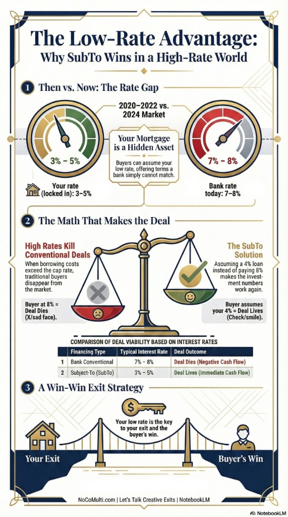 The Low-Rate Advantage: Why SubTo Wins in a High-Rate World. Then vs now rate gap, the math that makes the deal, and your low rate as the key to your exit and the buyer's win.
