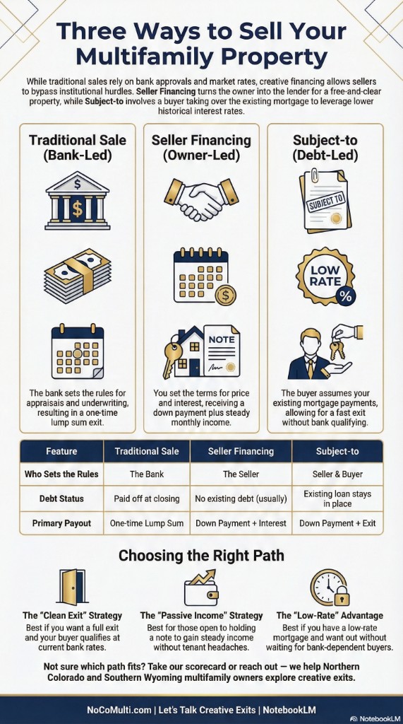 Three ways to sell multifamily: Traditional Sale (bank-led, lump sum), Seller Financing (owner-led, down payment plus monthly income), Subject-to (debt-led, buyer assumes mortgage). Feature comparison and choosing the right path: Clean Exit, Passive Income, or Low-Rate Advantage.
